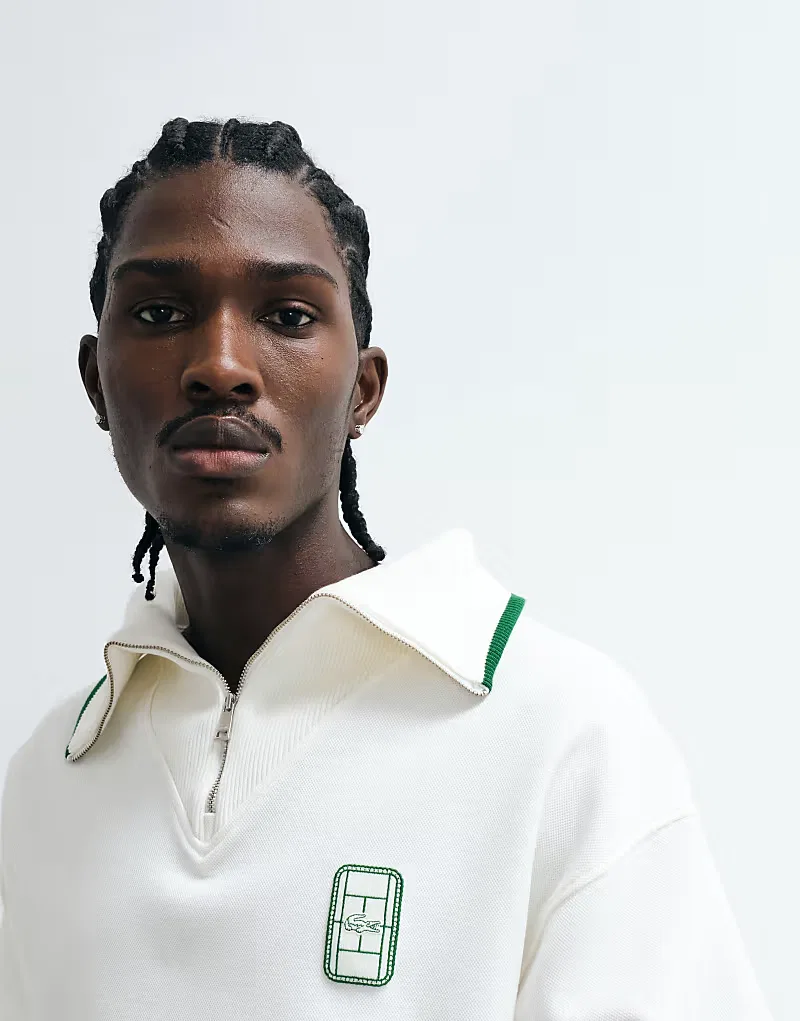 Классическая толстовка-поло Lacoste с застежкой-молнией на четверть длины и логотипом, белая — фото 2
