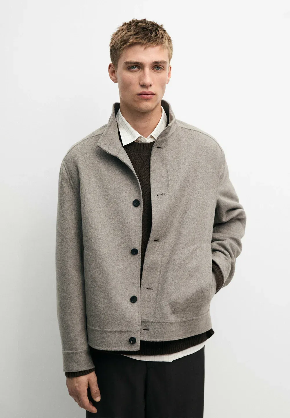 Куртка из смесовой шерсти с высоким воротником, двусторонняя, легкая Massimo Dutti, Sand