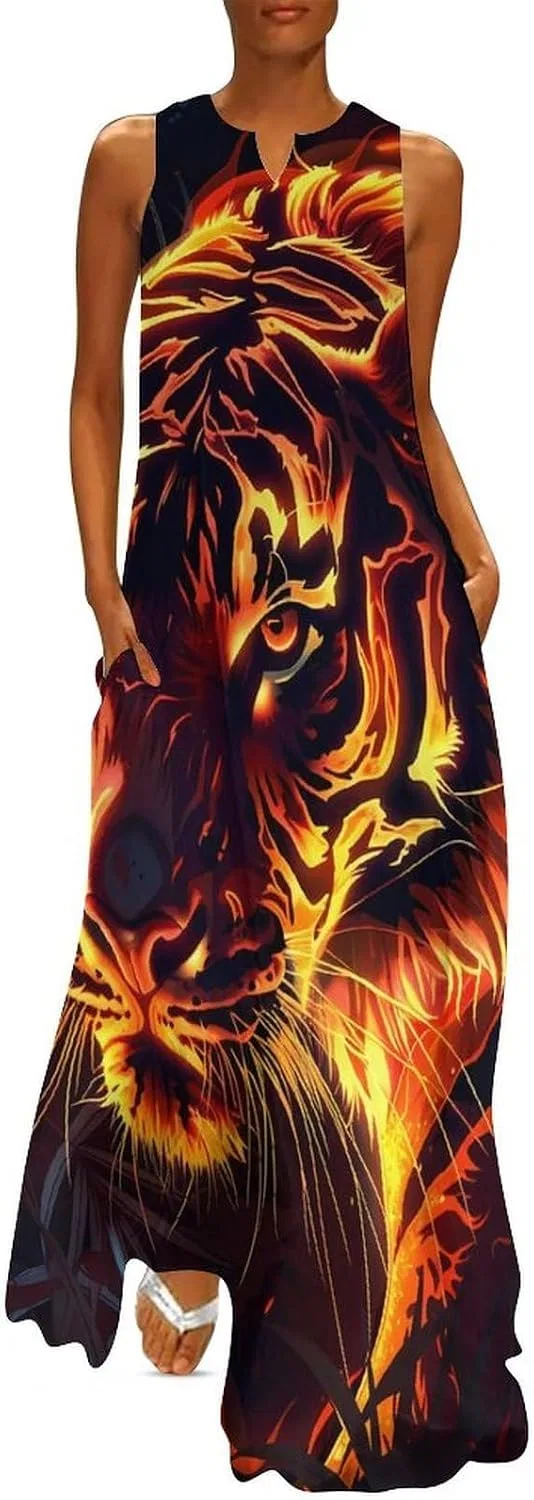 Женское повседневное платье макси без рукавов Flame Tiger, Style-34