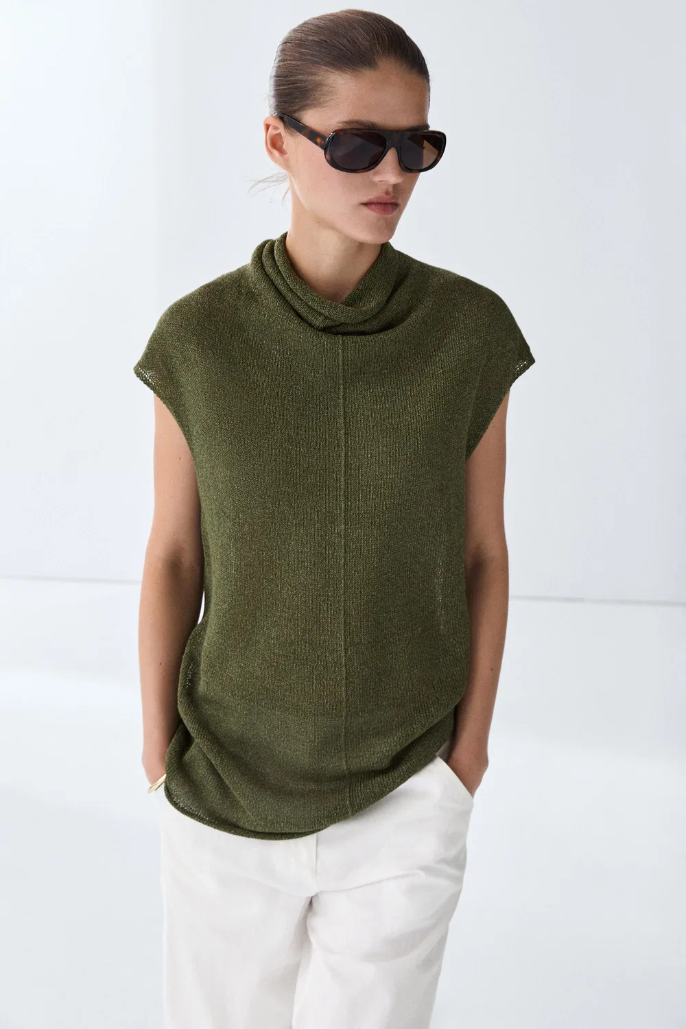 Топ Massimo Dutti Draped High Neck Knit, зеленый