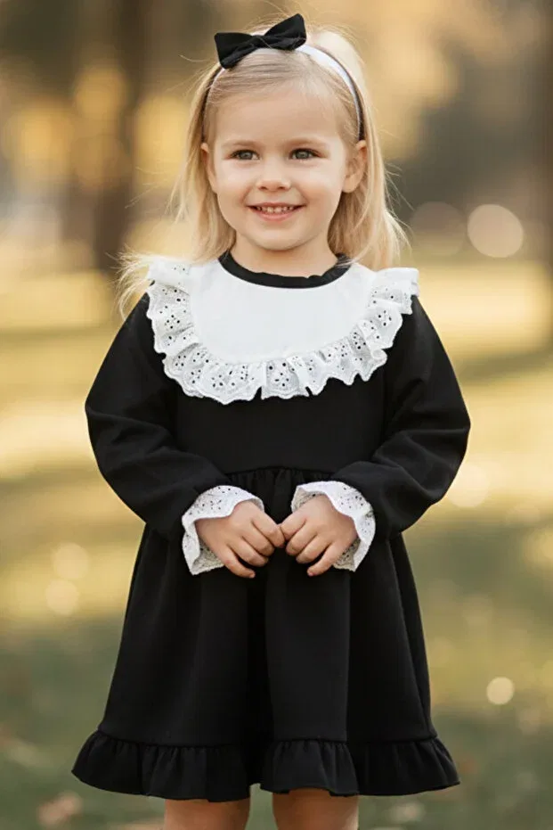 Детское платье для девочек с длинным рукавом Ruby Black Long Sleeve Lace Detailed Ruffle Dress Bandana Suit Parla Kids, Black — фото 3