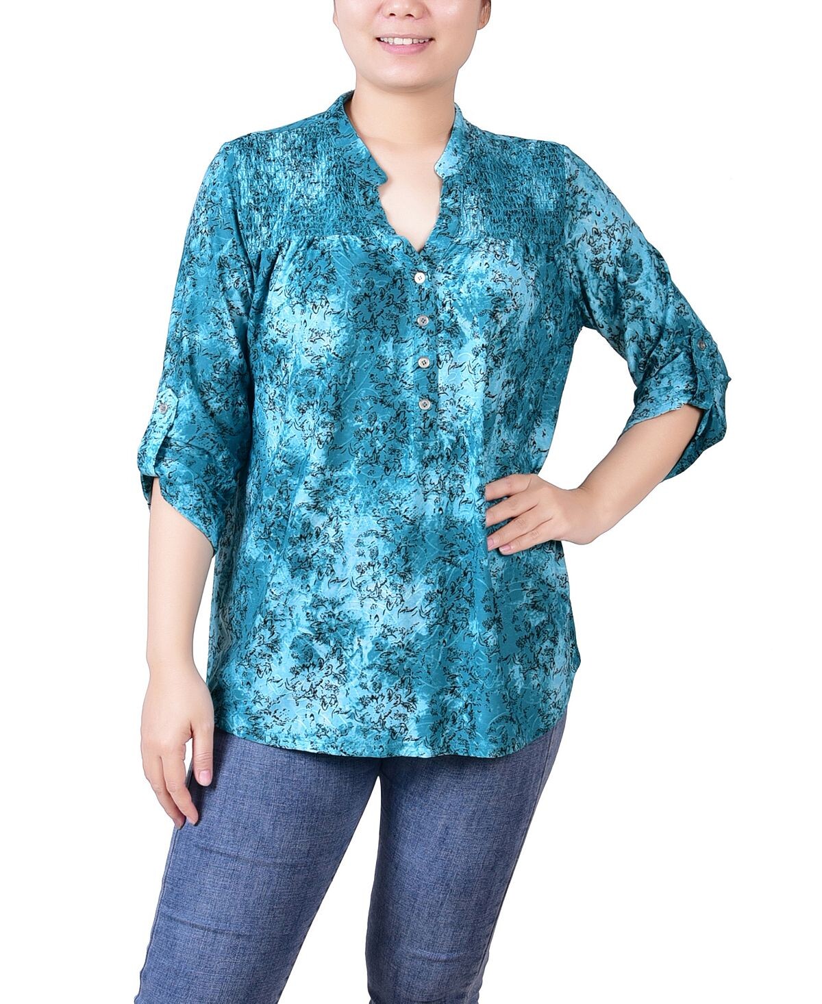 

Топ petite со сборками и кокеткой с рукавами-рукавами 3/4 NY Collection, мульти
