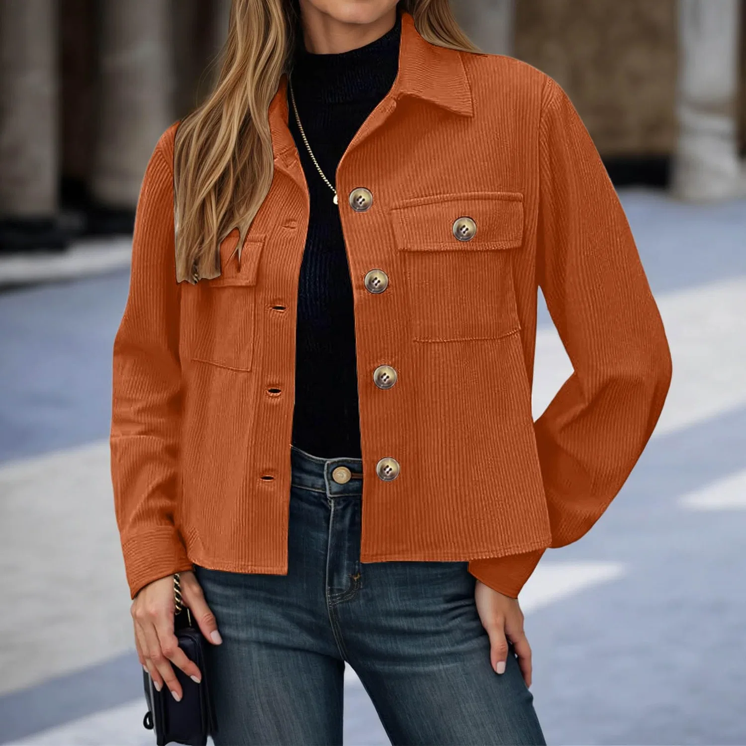 Женская куртка с высоким воротником и двойными карманами, Colore: Arancione — фото 3