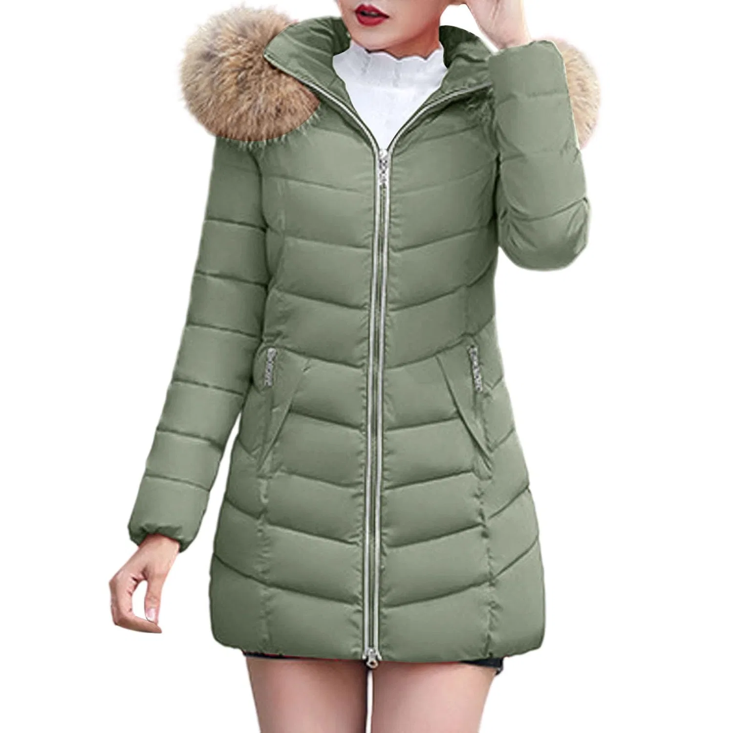 Женское длинное зимнее пальто с капюшоном, Verde