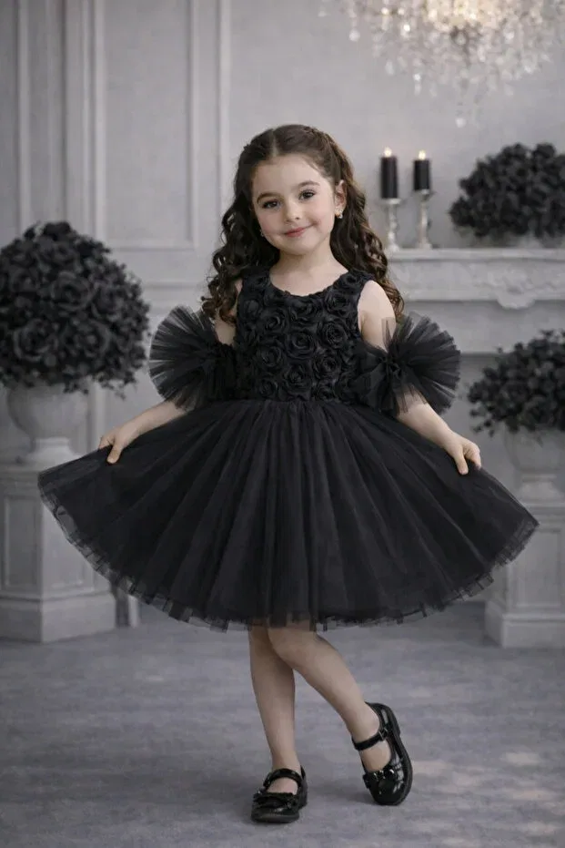 Детское платье для девочек с принтом Pompom Sleeves Rose Patterned Tulle Piece Party And Birthday Dress Evening Dress Mixie, Black