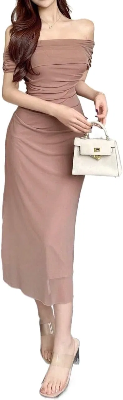 Женское элегантное платье миди с открытыми плечами и драпировкой, Dusty Pink