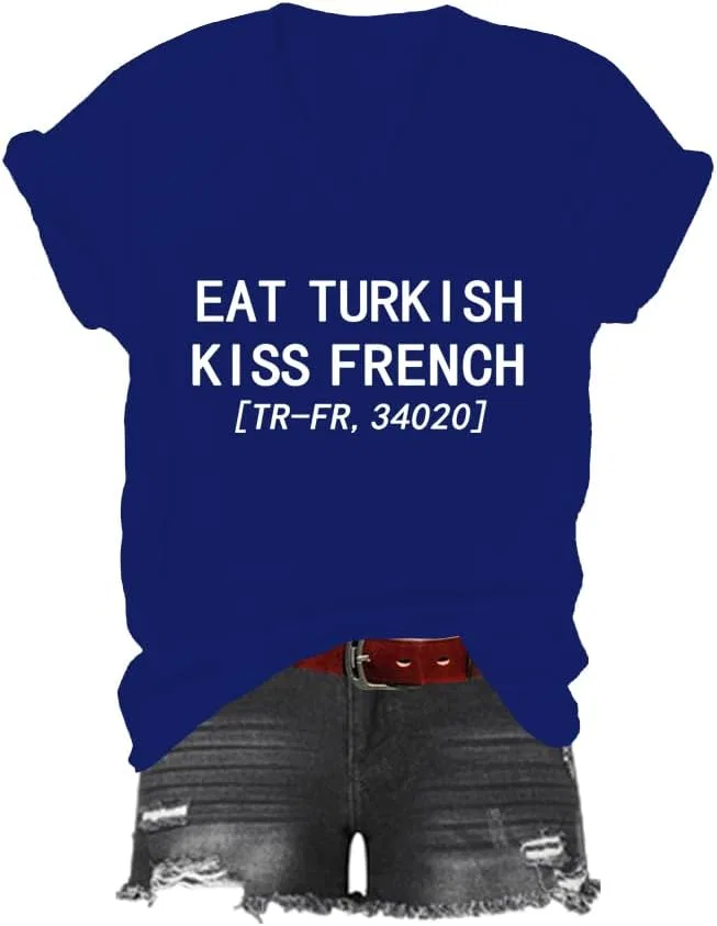 Унисекс футболка с принтом V-образным вырезом Eat Turkish Kiss, Sapphire Blue