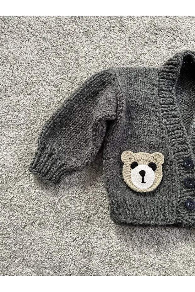 Детский кардиган для мальчиков вязаный Hand knitted cute teddy bear detailed boy's cardigan Nevalin, Dark Gray — фото 3