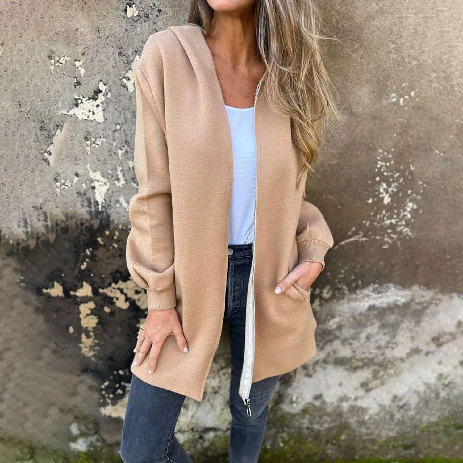 Женское пальто свободного кроя с молнией, Beige — фото 4