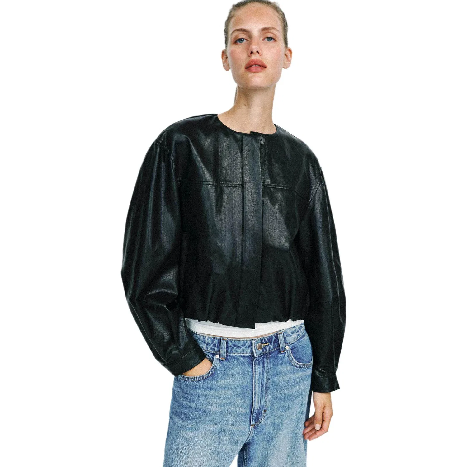 Женский жакет прямого кроя с круглым вырезом Black ZARA, Черный — фото 3