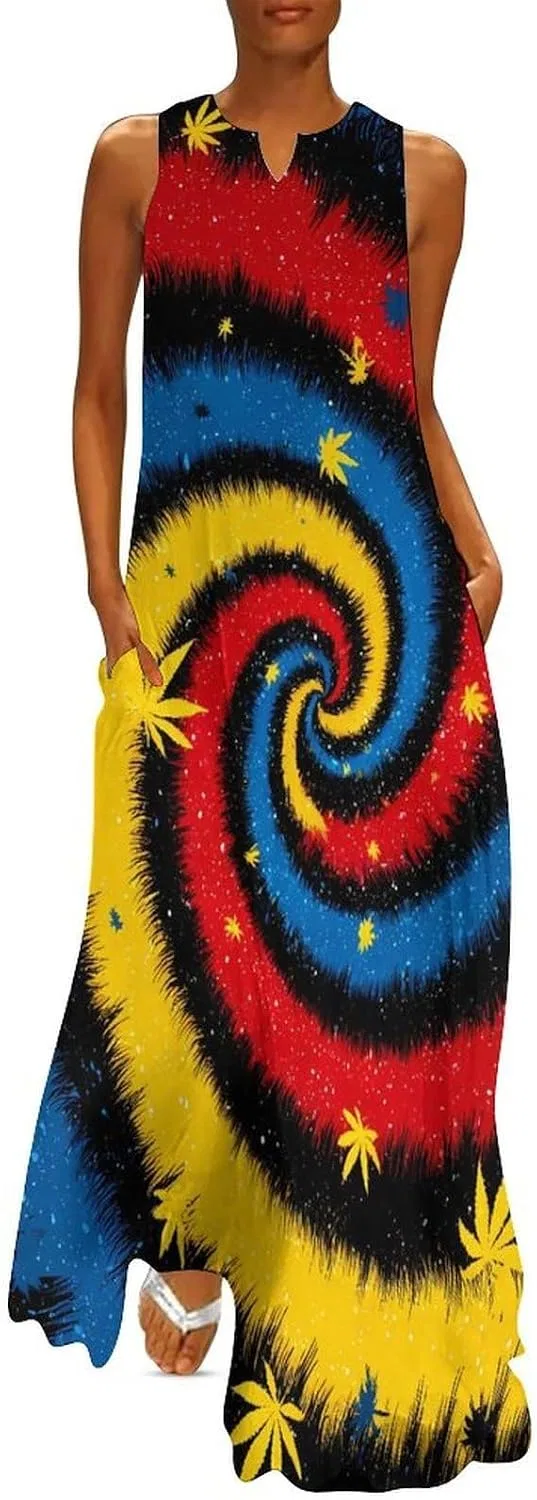 Женское длинное платье с принтом листьев Tie Dye, Style