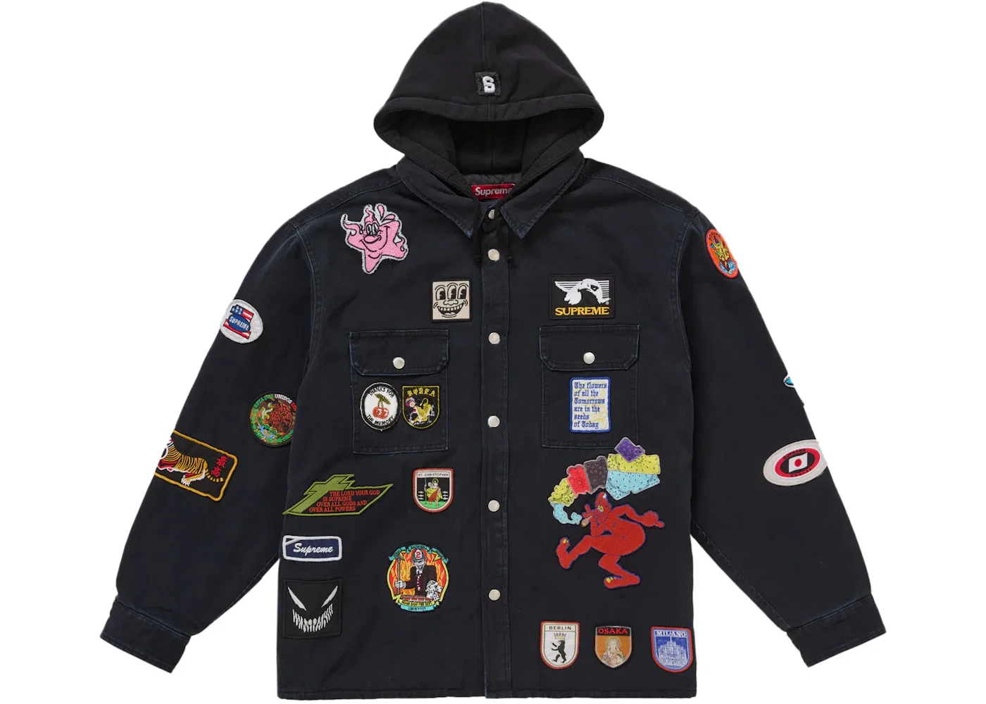 Мужская рубашка с капюшоном и патчами Supreme, Black
