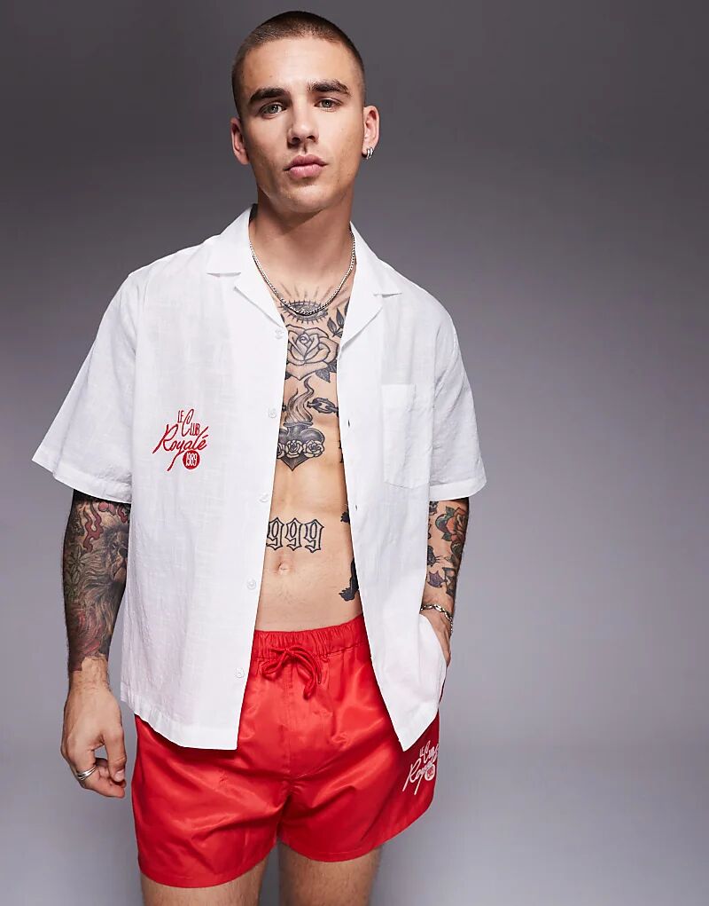 

Рубашка Revere из льна ASOS DESIGN с красной вышивкой на груди