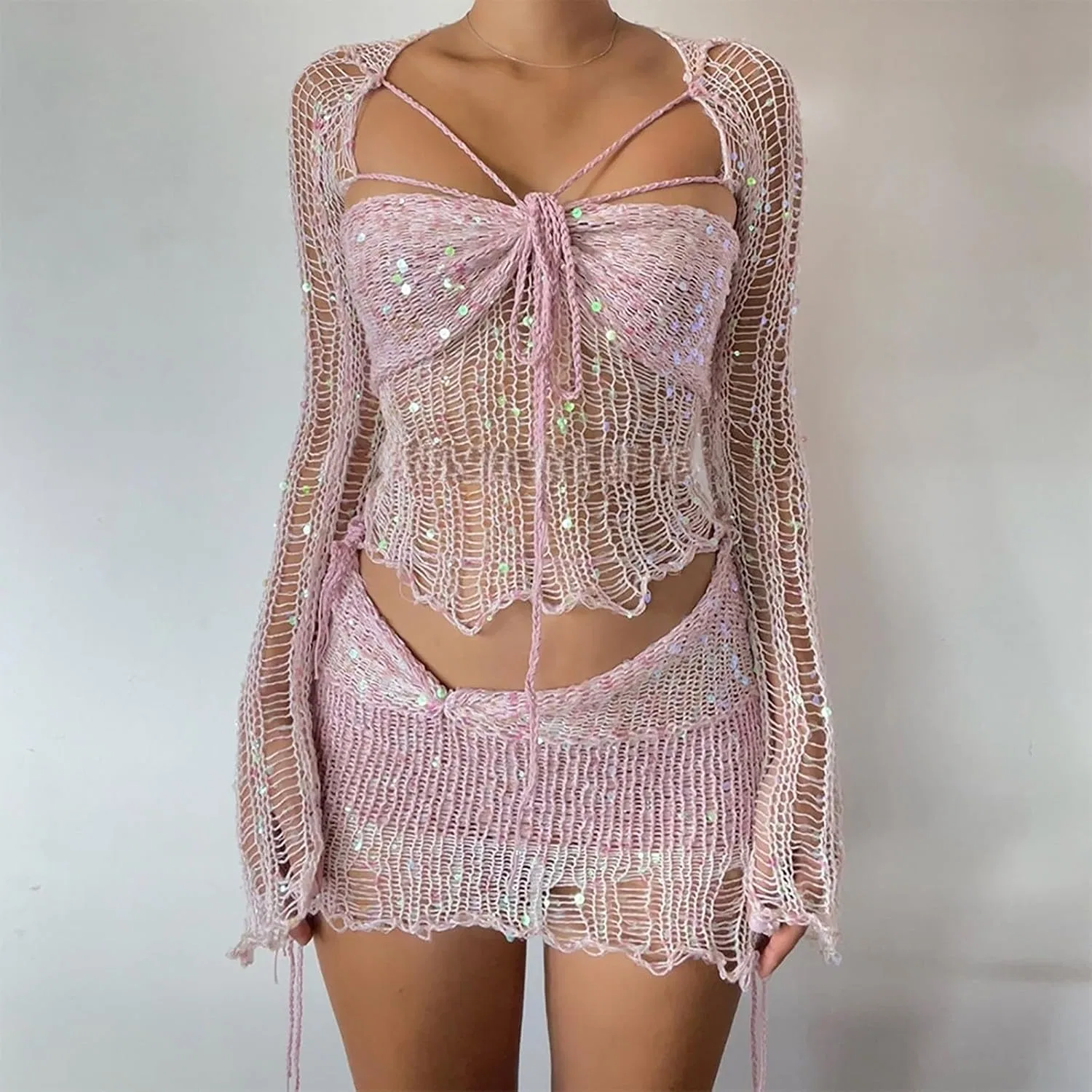 Женский бикини-комплект с пайетками и вязаным топом, Pink — фото 2