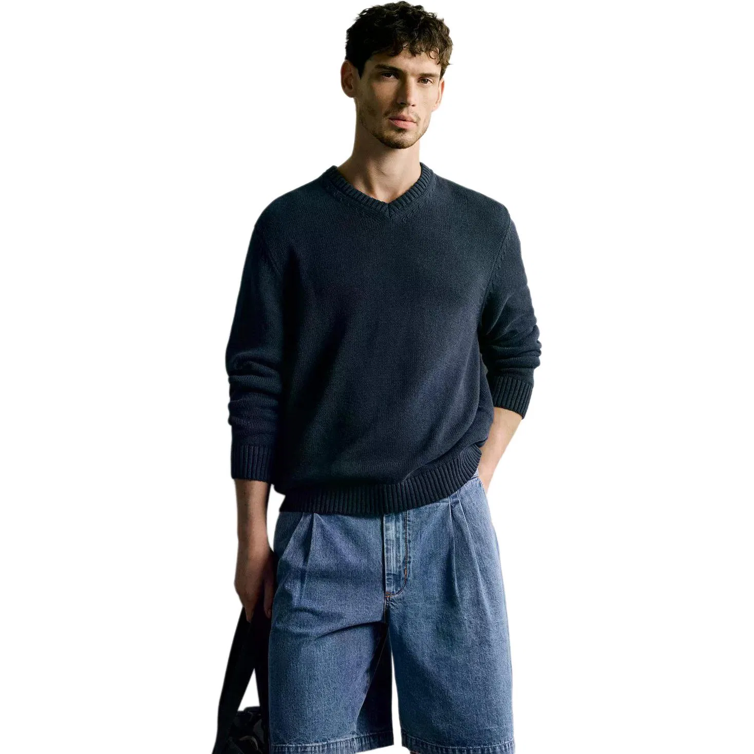 Мужской свитер с V-образным вырезом, свободный крой, Sea Blue, ZARA — фото 3