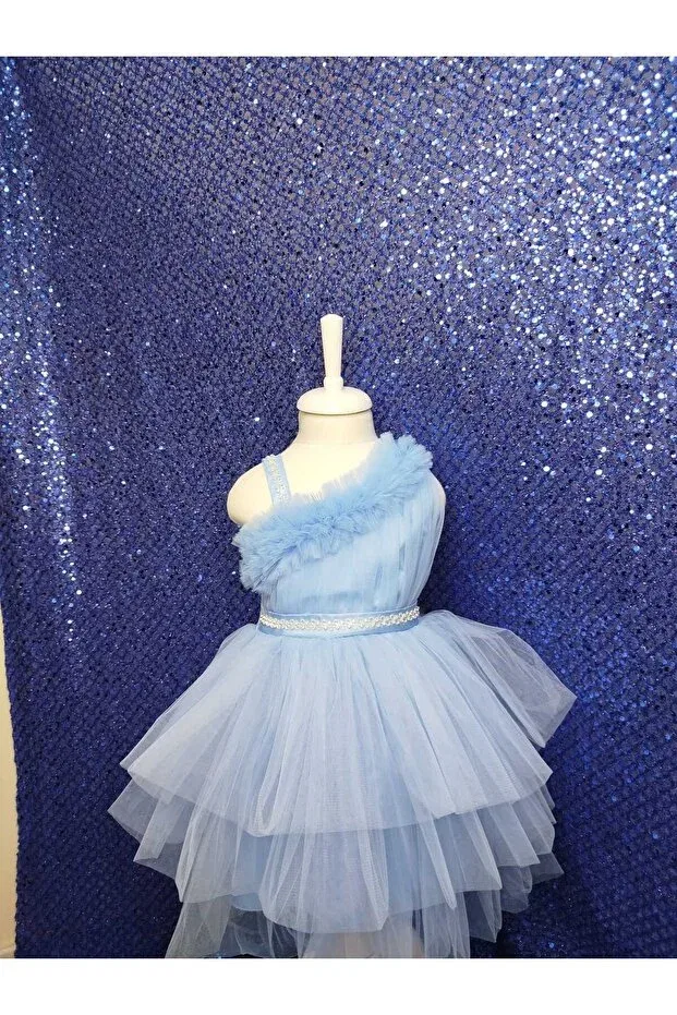 Детское платье для девочек с пайетками One shoulder stone detailed tulle children's evening dress Bonita, Baby Blue