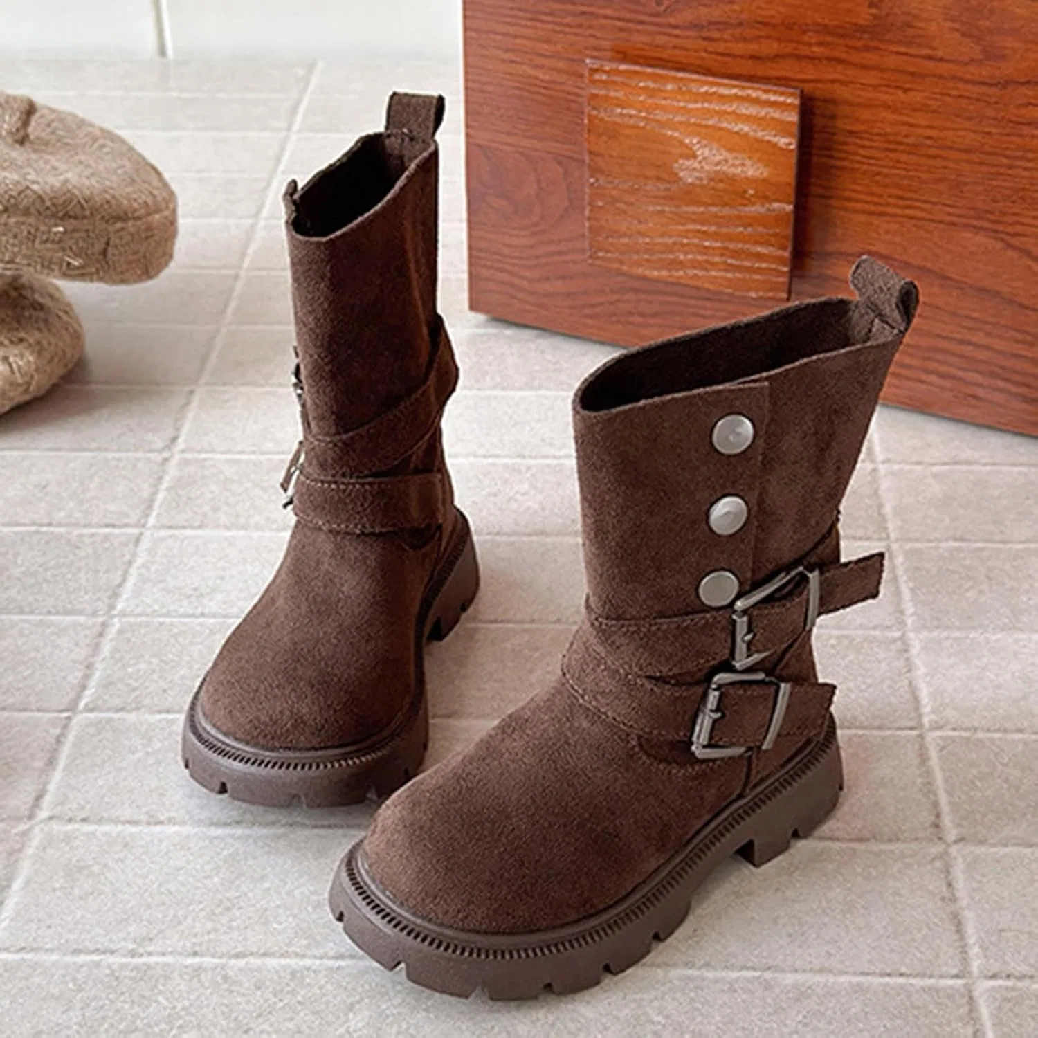 Детские ботинки для девочек с пряжками и заклепками Biker Boots, Coffee — фото 3