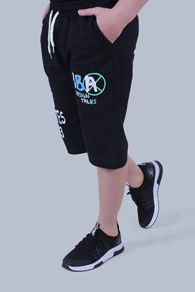 Детские шорты для мальчиков с принтом Iba text printed double pocket detailed boy's black capri shorts Panio Kids, Black