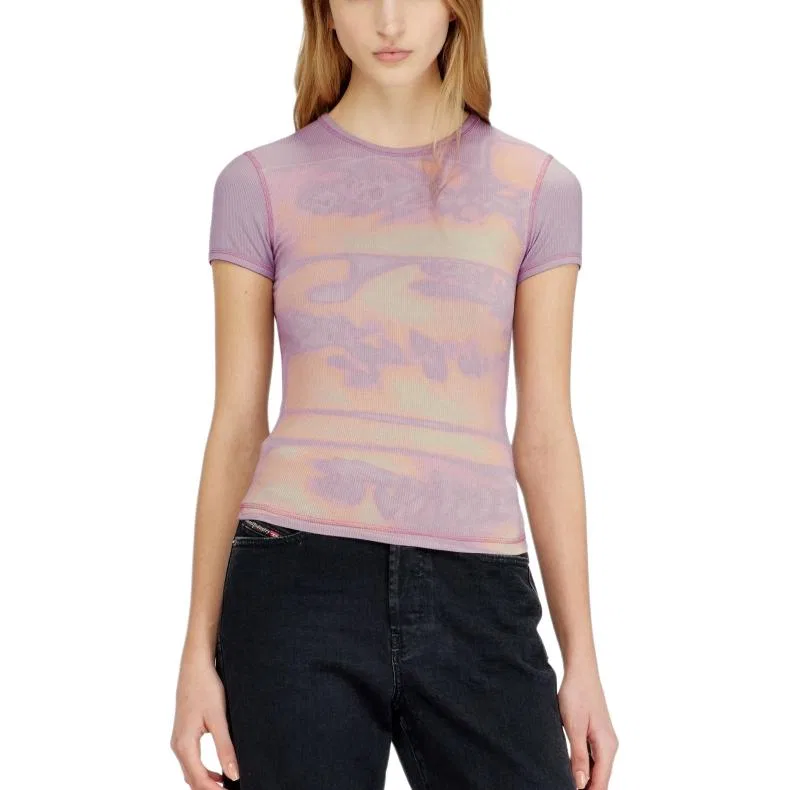 Футболка женская с круглым вырезом, разноцветная, DIESEL, Pink/Orange/Yellow — фото 4
