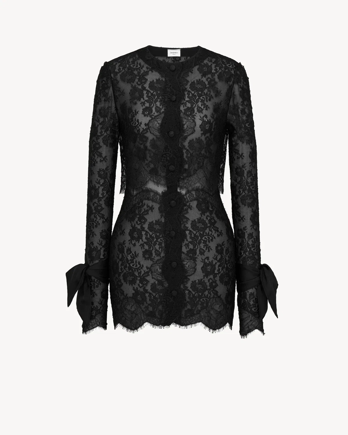 Мини-платье с жабо и манжетами из шелкового кружева SAINT LAURENT, черный