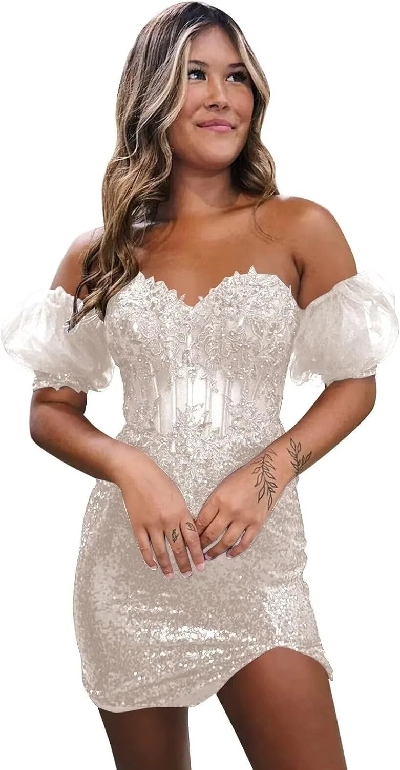 Короткое платье для коктейля с пайетками и кружевными аппликациями, Ivory