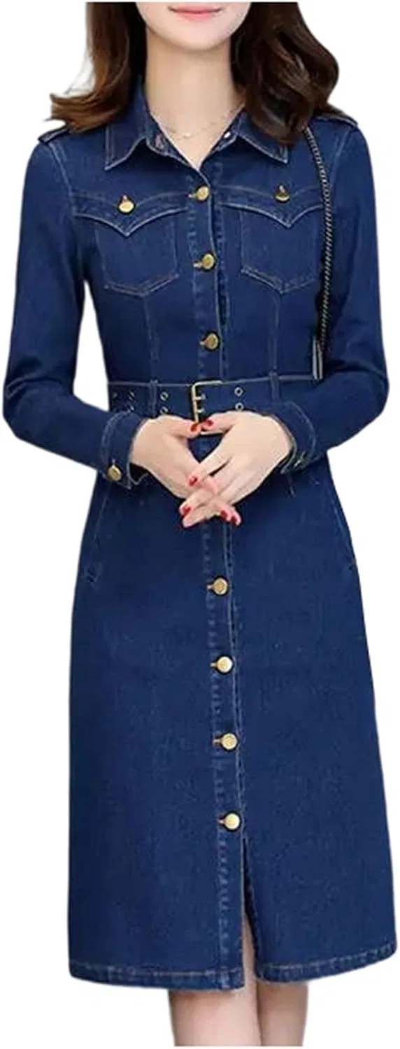 Женское джинсовое платье миди с поясом Casual, Blue