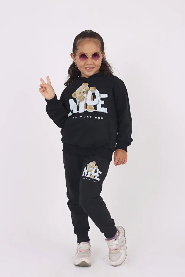 Детский комплект из футера для девочек с принтом Cute teddy bear print & hooded girls' tracksuit set Armicem, Black