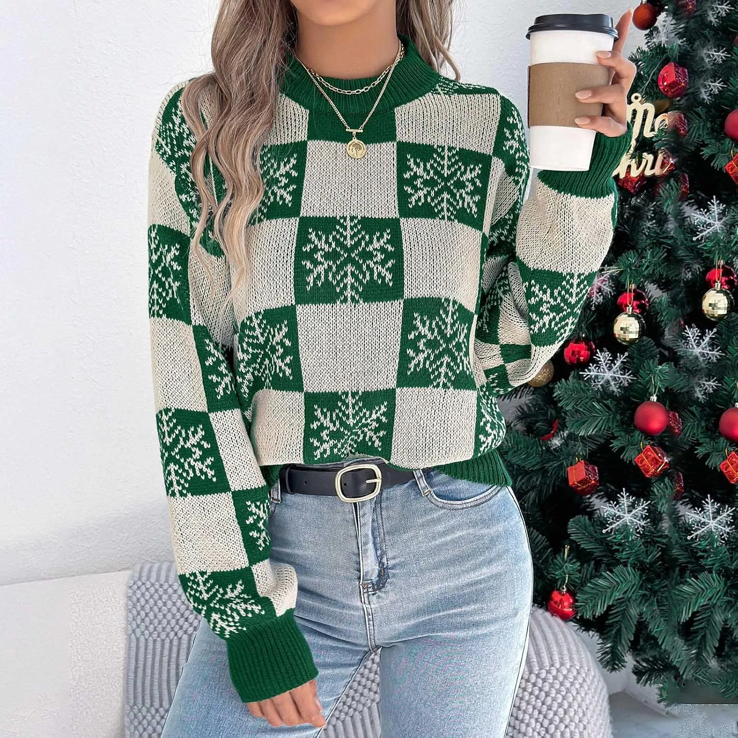 Женский свитшот с принтом Christmas, зелёный — фото 3