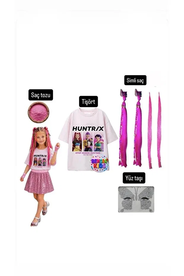 Детская футболка для девочек с принтом Kpop Mira Huntrix Demon Slayers Printed T-Shirt Mira Pink Glitter Hair +Face Stone+Hair Powder Party Birthday Bemora Kids, Pink