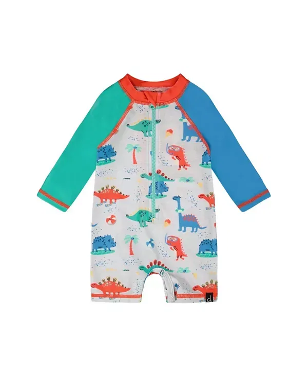 Детский купальник с длинным рукавом с принтом Baby Dinosaur Deux Par Deux, Grey Printed Baby Dinosaurs