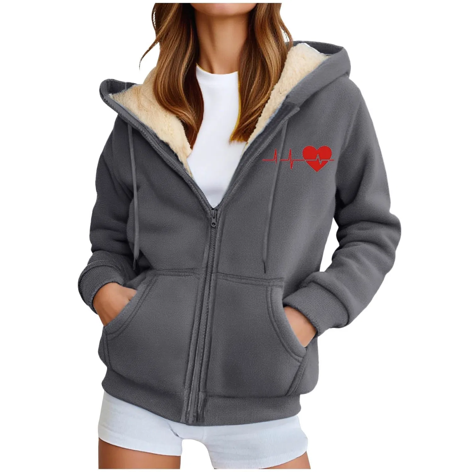 Женское зимнее пальто с капюшоном и принтом Heart Print, Grigio-C