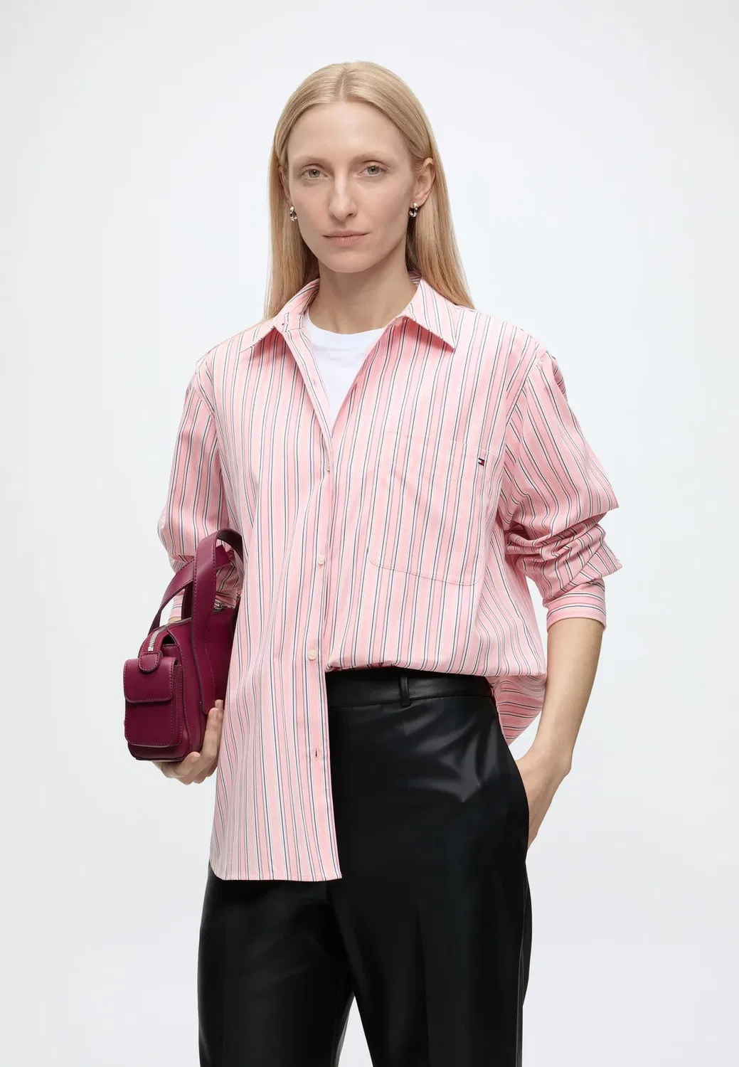 Рубашка из поплина Ess свободного кроя - блузка на пуговицах Tommy Hilfiger, Pink/White — фото 4