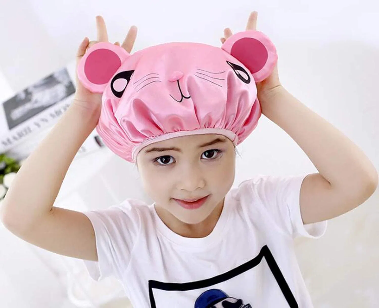 Детская шапочка для душа, двойной слой, водонепроницаемая, Vrandu, 4 шт., Pink Mouse, M — фото 2