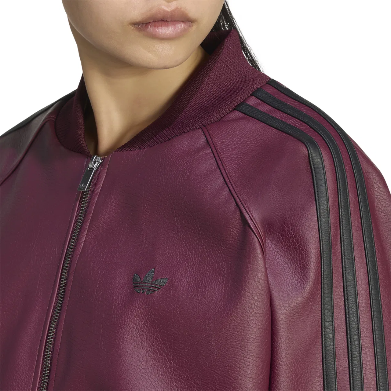 Женская куртка Oversized Track Top с имитацией кожи, модель Pleather SST, adidas, Maroon/Black/Dark Football Gold — фото 3