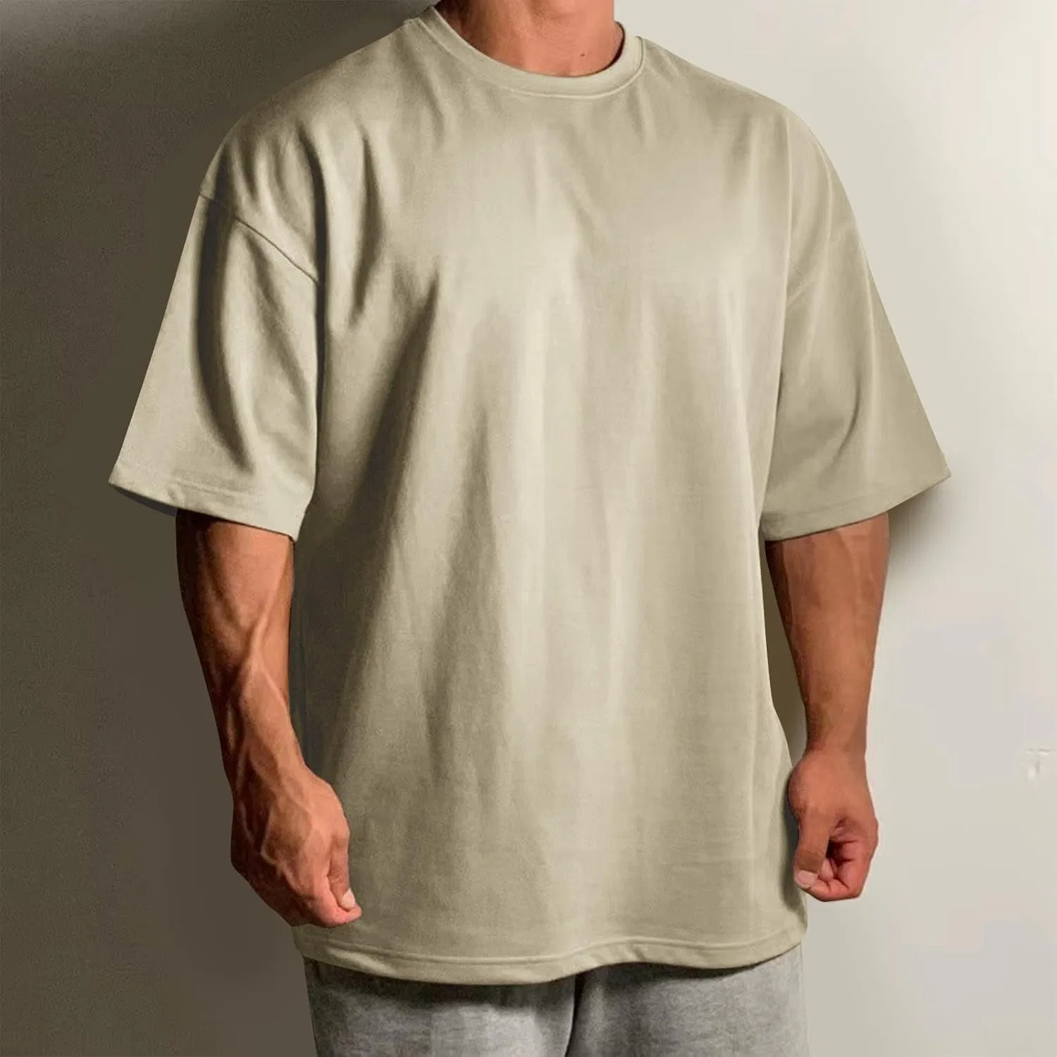 Мужская футболка с круглым вырезом, повседневная, Khaki — фото 2