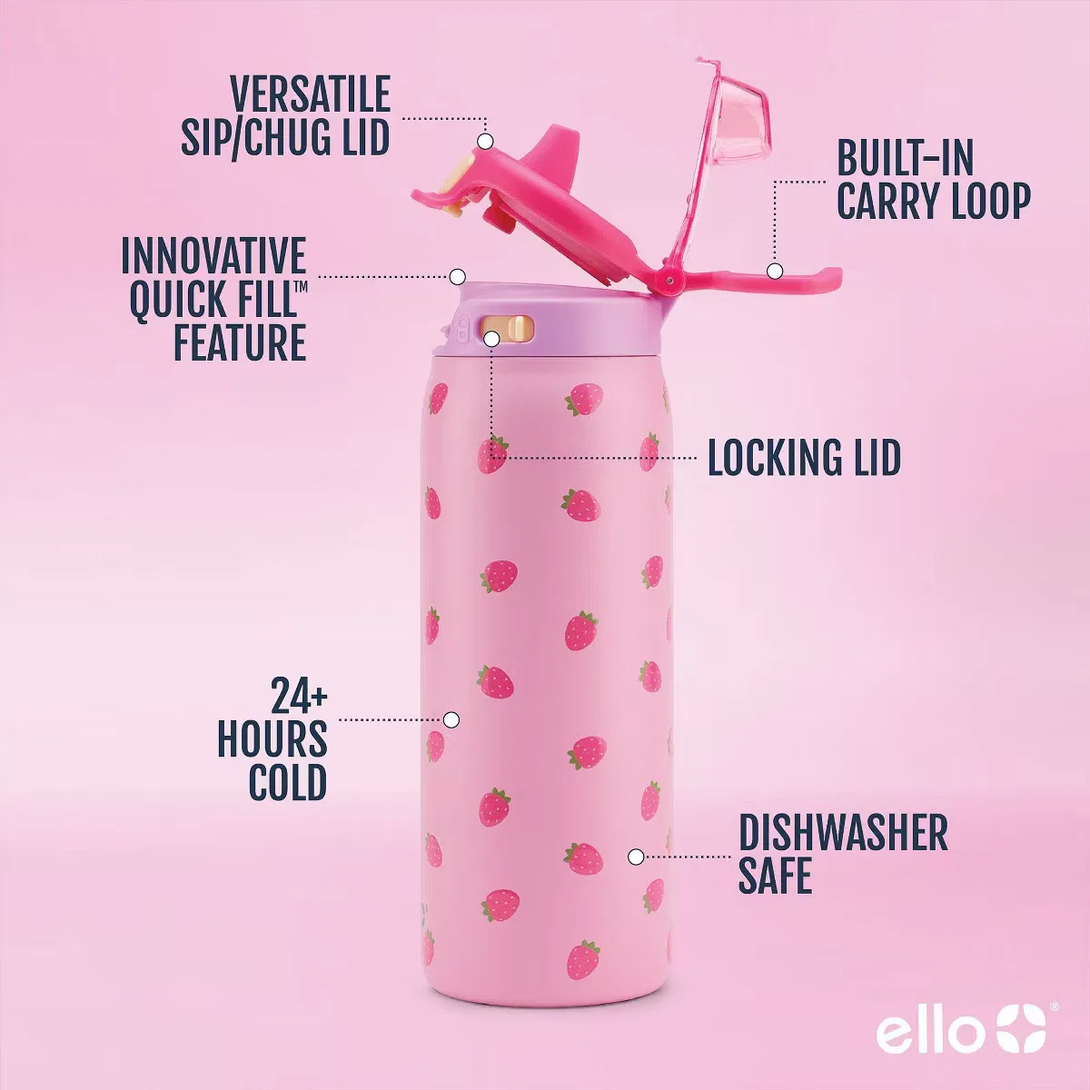 Детская бутылка для воды 470 мл из нержавеющей стали с трубочкой Pop & Fill Ello, Strawberry 3D Print — фото 4