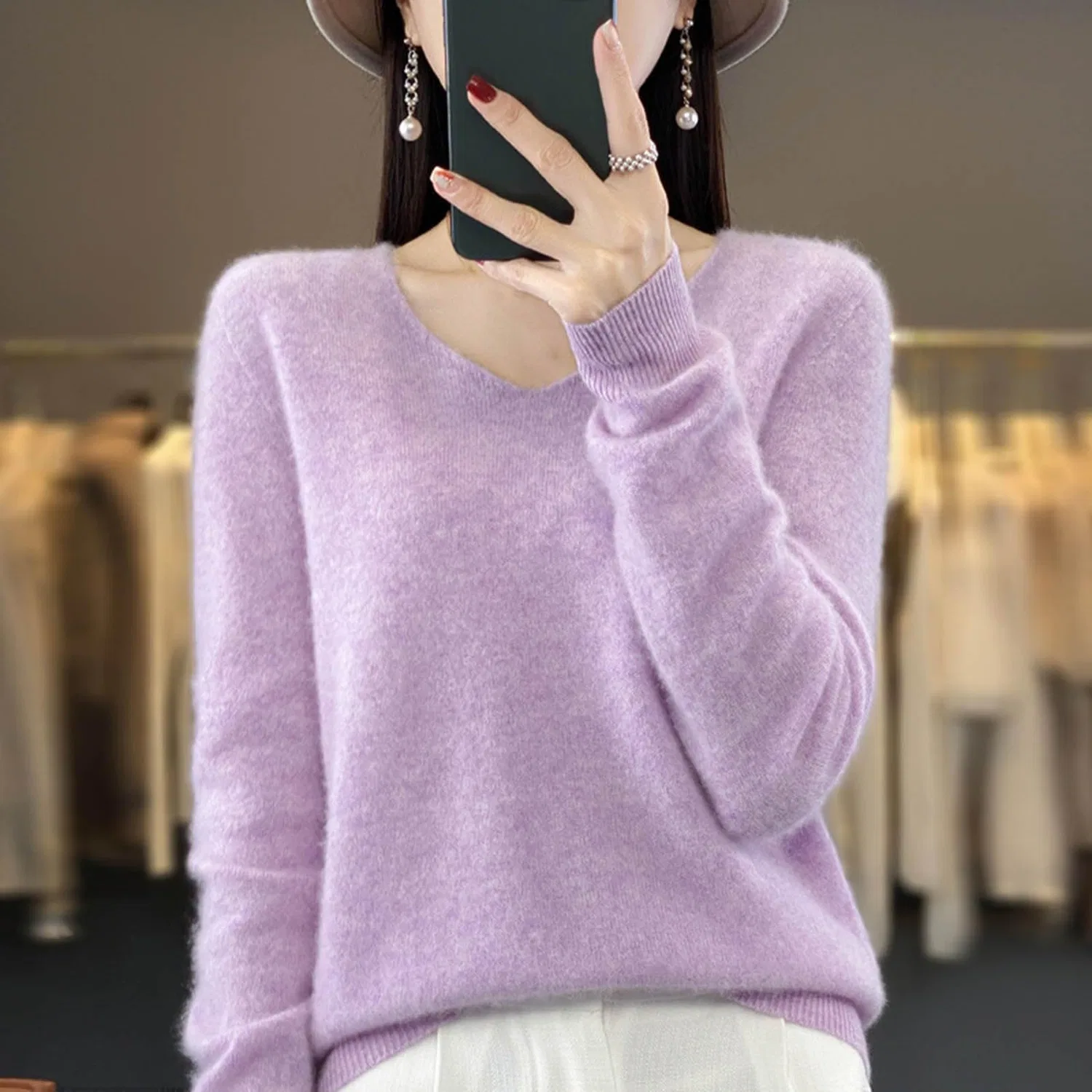 Женский свитер с V-образным вырезом из кашемира, Purple1 — фото 2