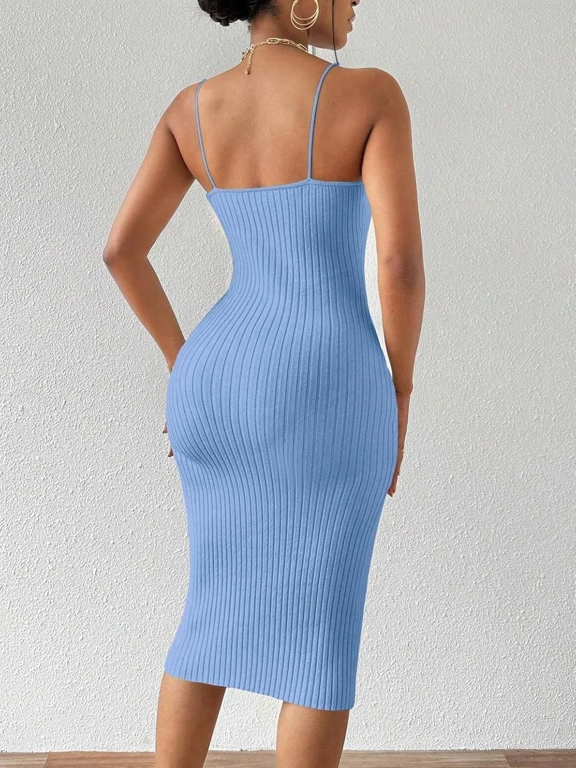 Женское облегающее платье миди с открытой спиной Rib-Knit, Blue — фото 4
