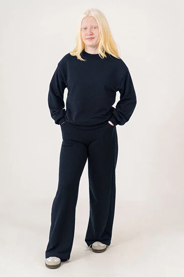 Детский комплект для девочек из футера с принтом Stoned crew neck girls' tracksuit set Kinderos, Navy Blue