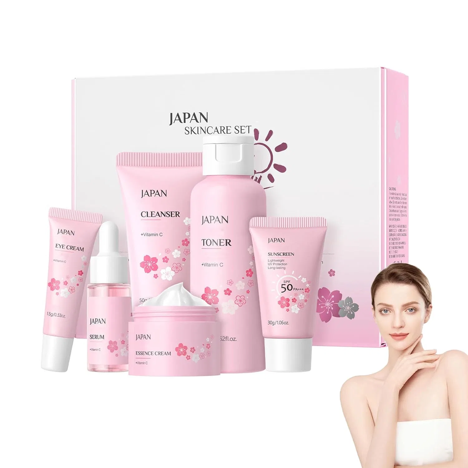 Набор средств по уходу за кожей Sakura, очищающее средство 50 г, тоник 100 мл, эссенция 17 мл, крем для глаз 15 г, крем для лица 25 г, солнцезащита 30 г Generisch
