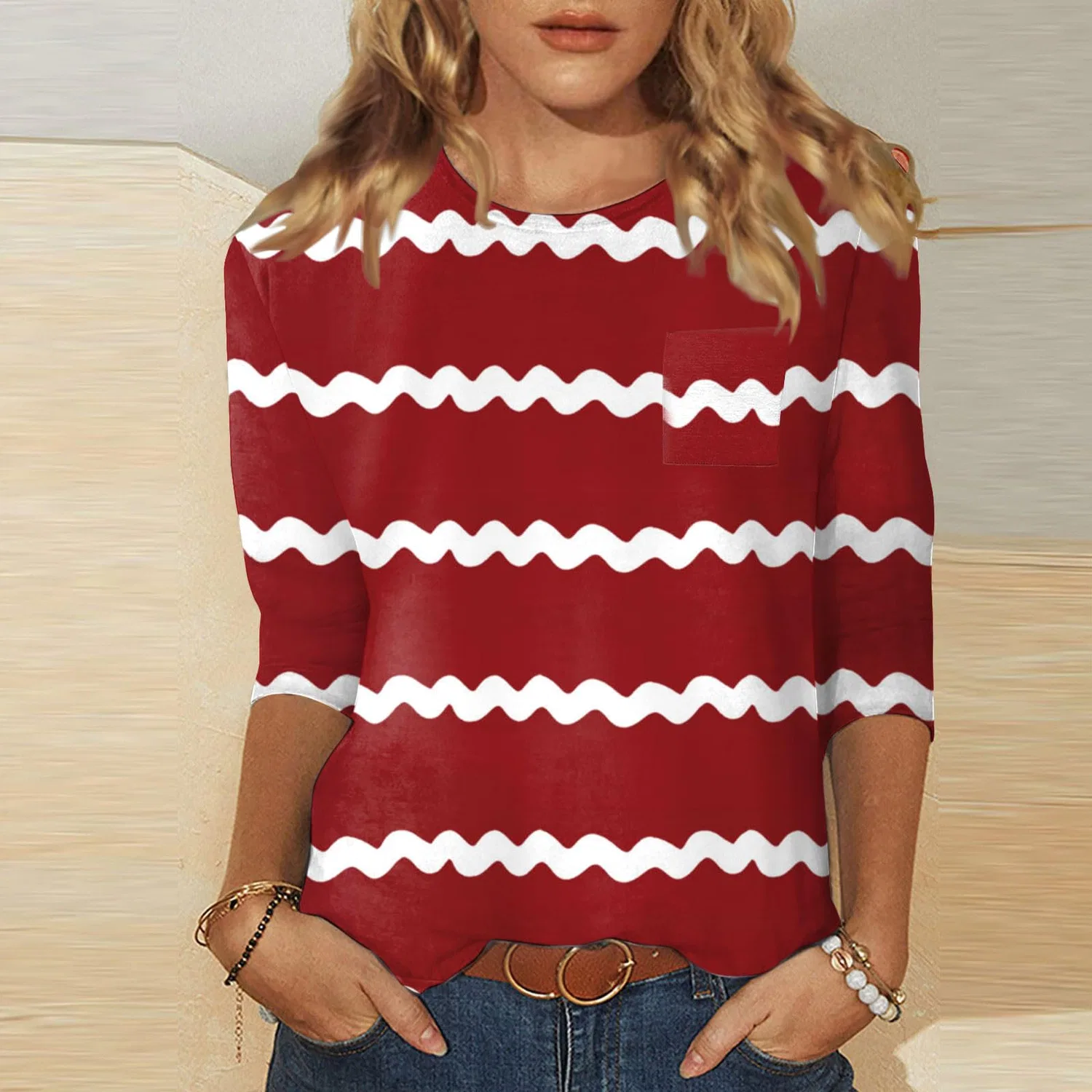 Женская футболка с V-образным вырезом Colorful Gradient Geometric Print, бренд, Red-5 — фото 2