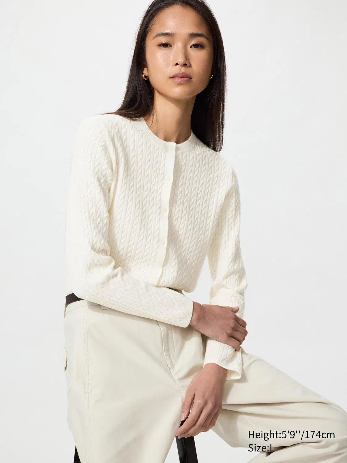 Кардиган Uniqlo, вязаный, с мини-косой вязкой, кремовый