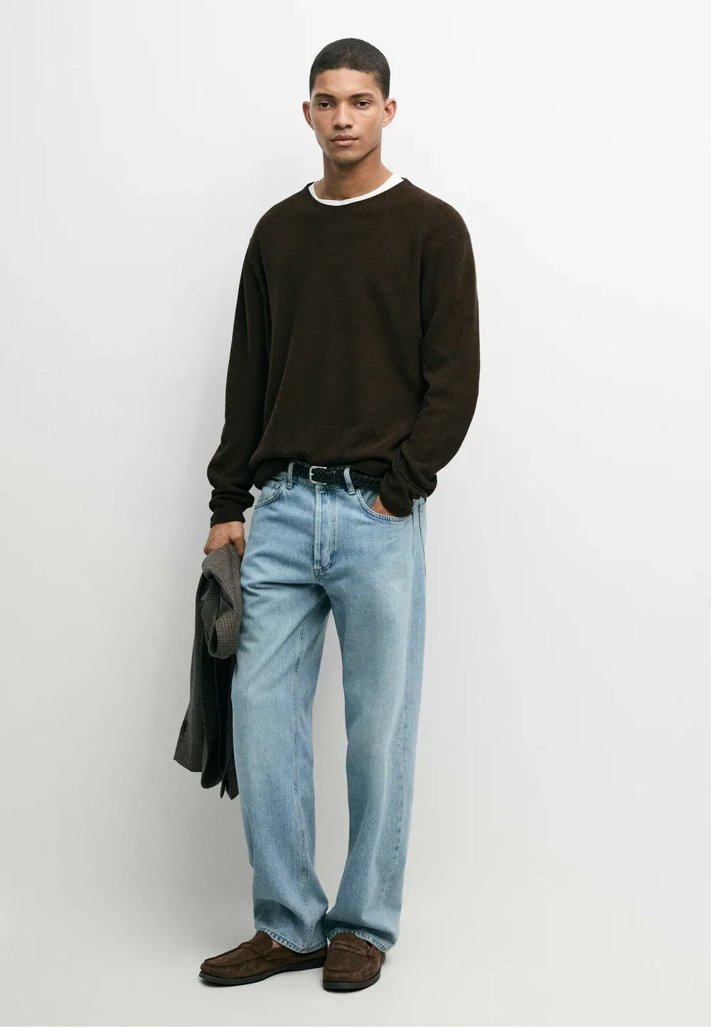 Свитер с круглым вырезом из 100% хлопка мулине Massimo Dutti, Dark Brown — фото 2