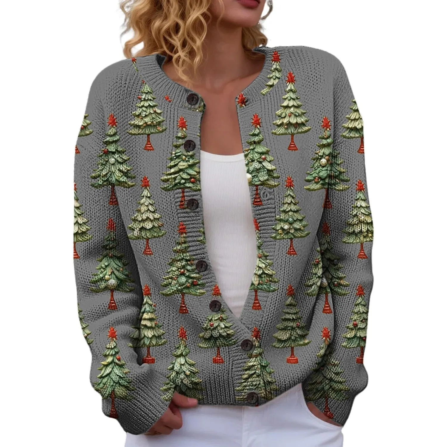 Женский кардиган с принтом Christmas Tree, grey