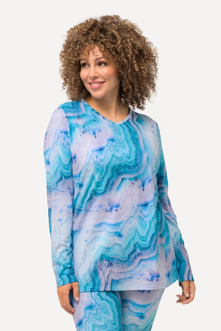 

ULLA POPKEN Женская лыжная рубашка с мраморным узором и V-образным вырезом, длинный рукав