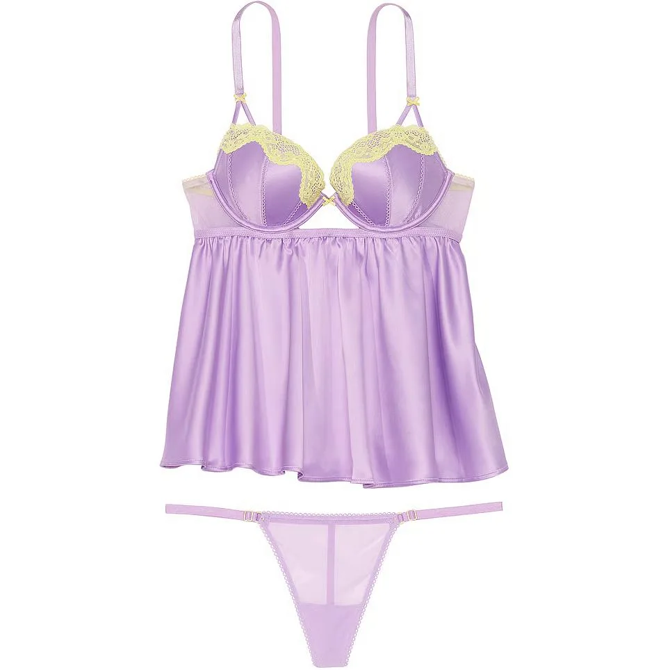 Victoria's Secret Комплект пижамы VERY SEXY Tease Satin Push Up Babydoll/P для женщин, фиолетовый