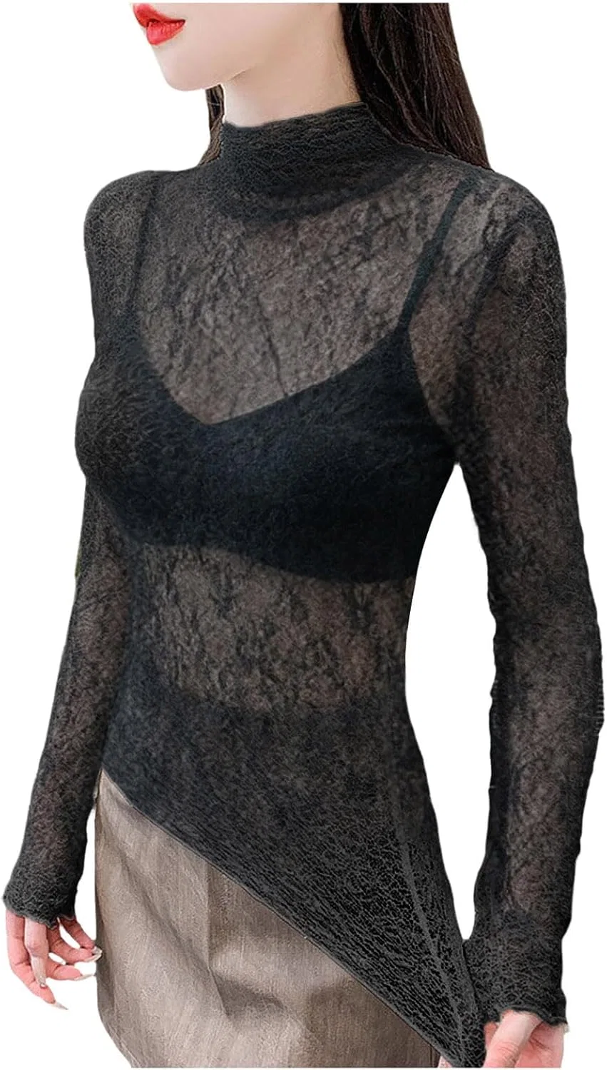 Блуза полупрозрачная с длинным рукавом, Sheer Inner Top, черный