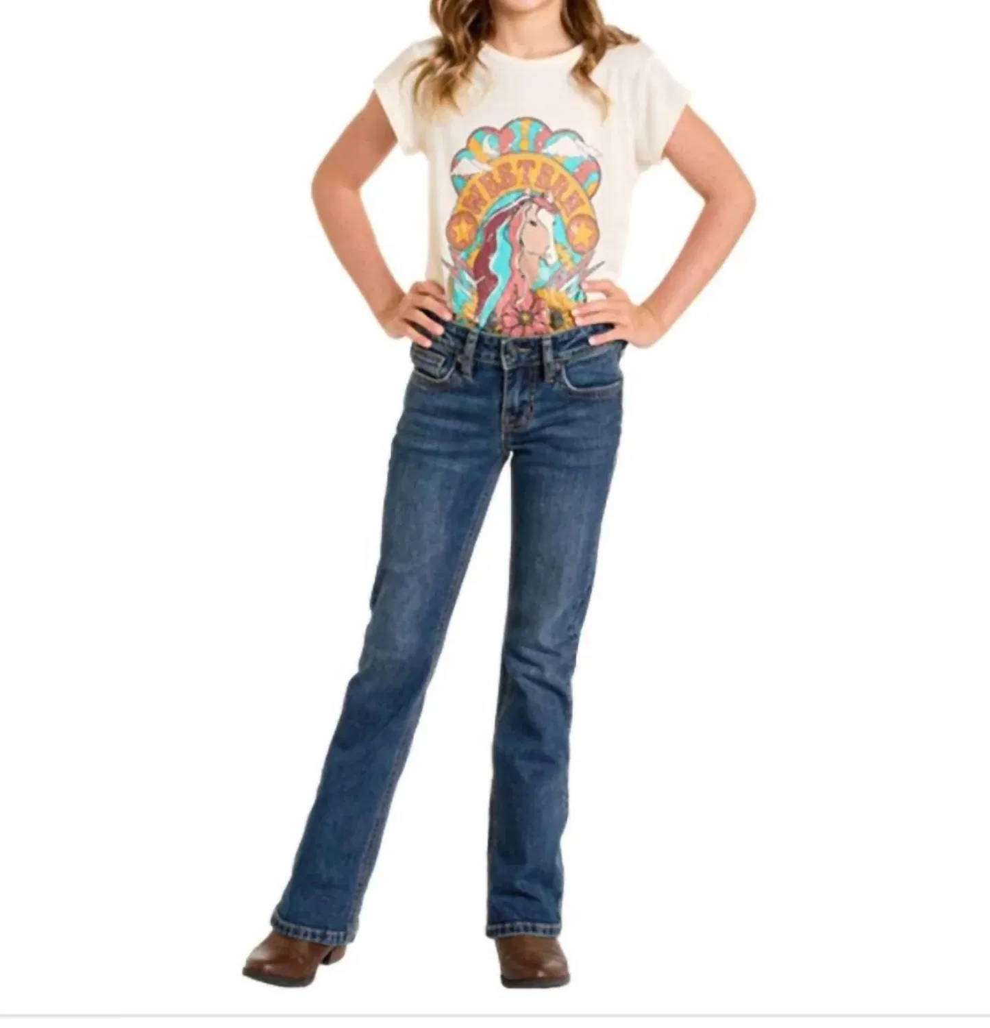 Детские джинсы для девочек клеш с прострочкой Stitch Boot Cut Jeans Rock & Roll Cowboy, Medium Blue