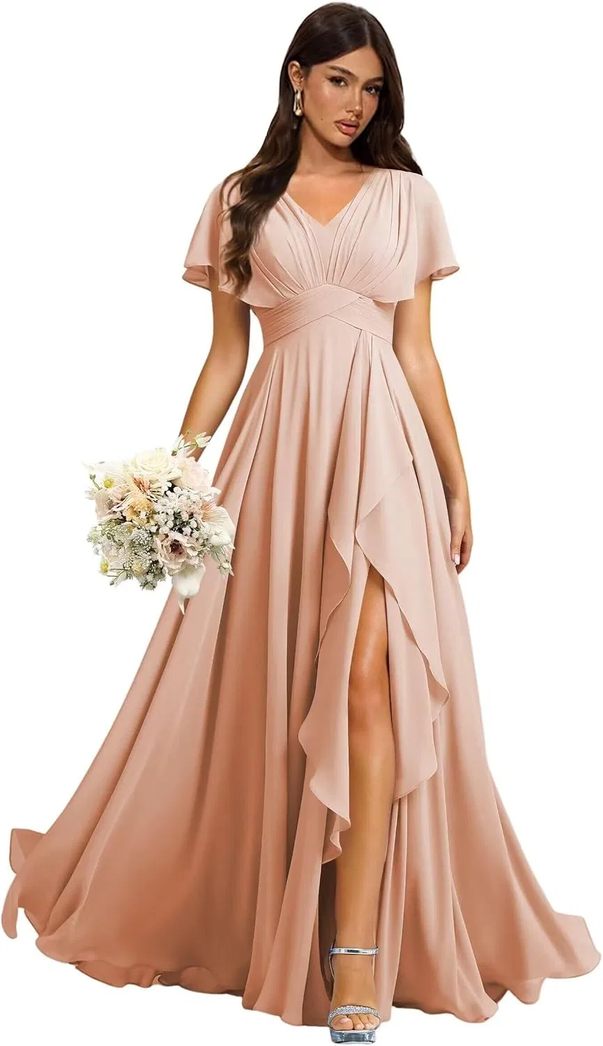 Женское платье с воланами и разрезом из шифона, Blush Pink