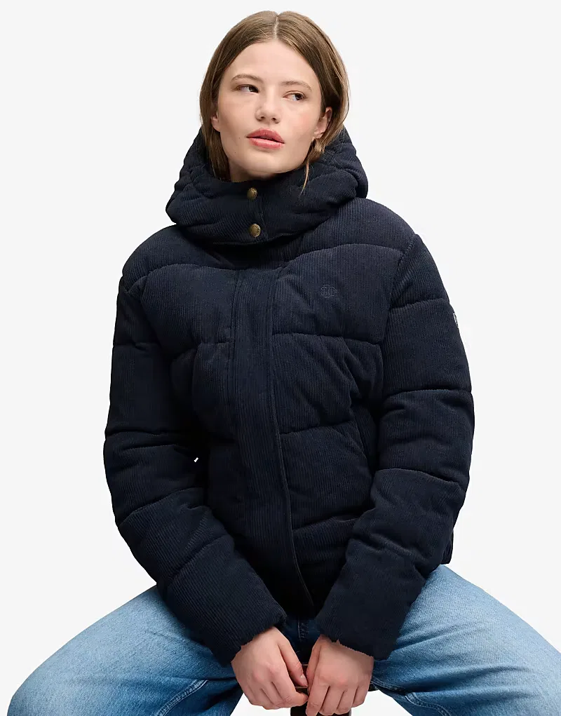 Пуховая куртка Superdry Premium с капюшоном из вельвета, затмение темно-синий
